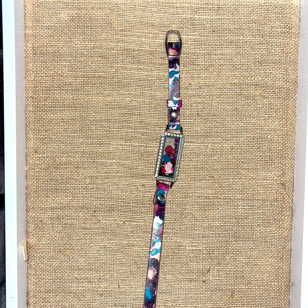 Origami Owl Floral Leather Bracelet Wrap/Silver Bar Rectangular Locket/charms - Picture 2 of 9